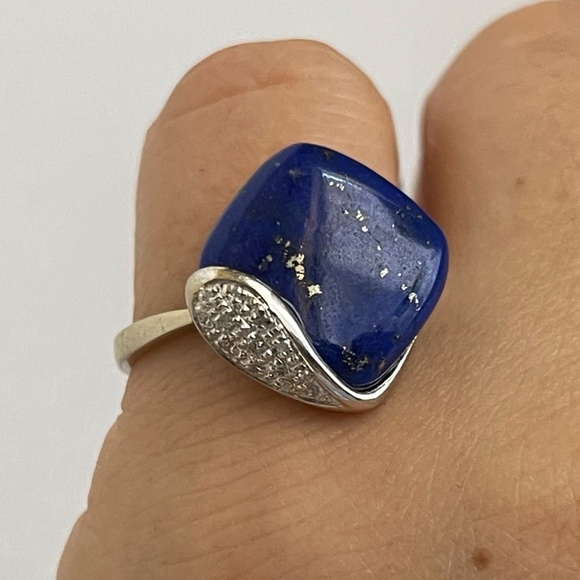 10k white gold lapis lazuli tiny diamonds ring size 8 1/4 - Picture 4 of 11